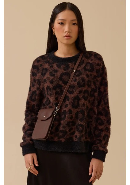 Kadın Leopar Desenli Triko Kazak - Kahverengi