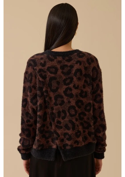Kadın Leopar Desenli Triko Kazak - Kahverengi fiyatları