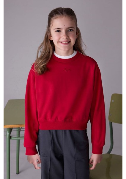 Kız Çocuk Nakış Işlemeli Kısa Kesim Sweatshirt - Kırmızı fırsatları