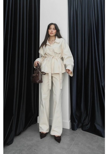 Kadın Denim Krem Cep Detaylı Ceket Pantolon Takım