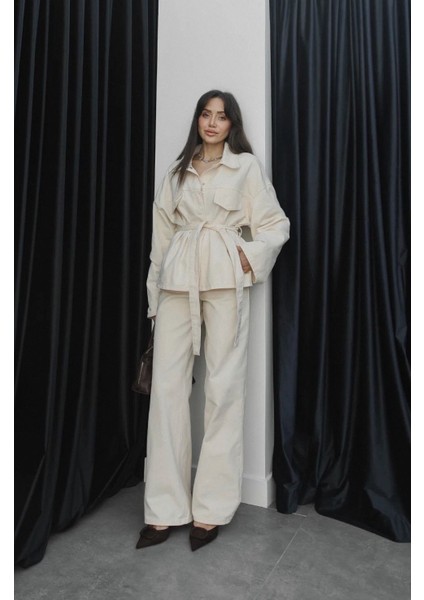 Kadın Denim Krem Cep Detaylı Ceket Pantolon Takım fiyatları