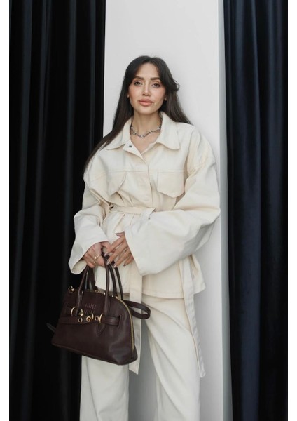 Kadın Denim Krem Cep Detaylı Ceket Pantolon Takım fırsatları