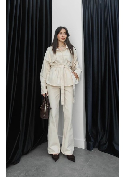 Kadın Denim Krem Cep Detaylı Ceket Pantolon Takım indirimleri