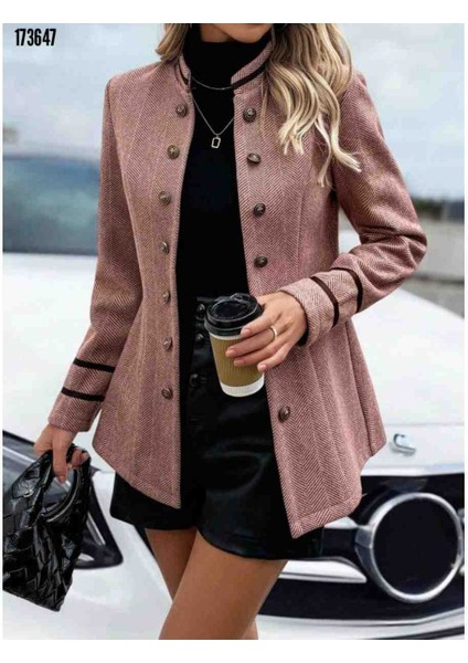 Kadın Uzun Kollu Hakim Yaka Düğme Detaylı Dokuma Ceket, Kırmızı Gül Figürlü Kolye Hediye