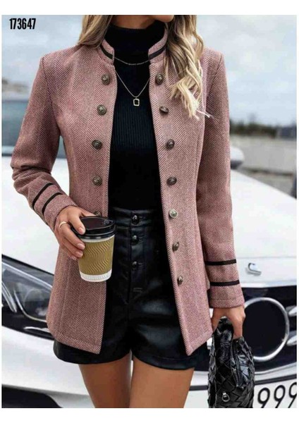 Kadın Uzun Kollu Hakim Yaka Düğme Detaylı Dokuma Ceket, Kırmızı Gül Figürlü Kolye Hediye fiyatları