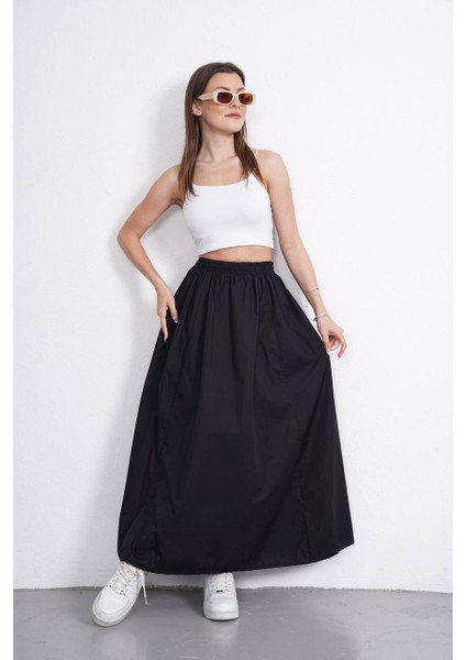 Tesettür Etek Uzun Çift Cepli Poplin Kumaş Beli Lastikli Iç Göstermez Etek Astarsız (90 Cm)