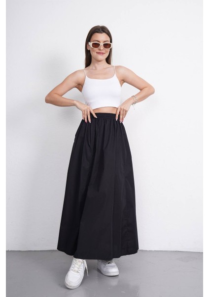Tesettür Etek Uzun Çift Cepli Poplin Kumaş Beli Lastikli Iç Göstermez Etek Astarsız (90 Cm) fiyatları