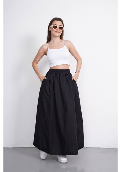 Tesettür Etek Uzun Çift Cepli Poplin Kumaş Beli Lastikli Iç Göstermez Etek Astarsız (90 Cm) fırsatları