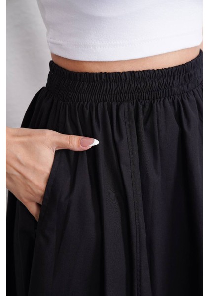Tesettür Etek Uzun Çift Cepli Poplin Kumaş Beli Lastikli Iç Göstermez Etek Astarsız (90 Cm)