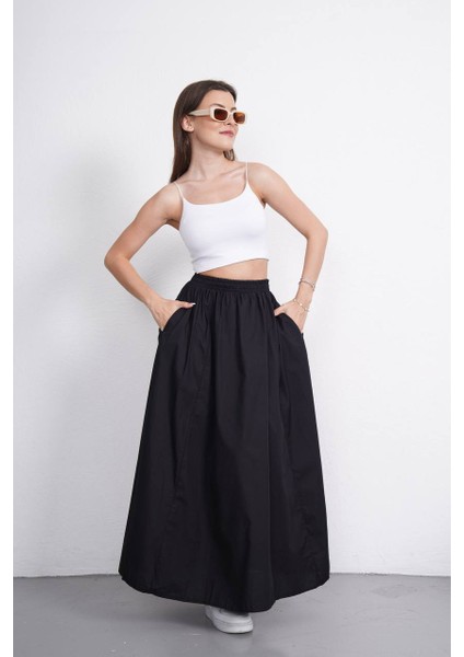 Tesettür Etek Uzun Çift Cepli Poplin Kumaş Beli Lastikli Iç Göstermez Etek Astarsız (90 Cm)