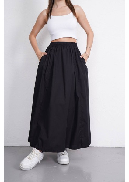 Tesettür Etek Uzun Çift Cepli Poplin Kumaş Beli Lastikli Iç Göstermez Etek Astarsız (90 Cm)