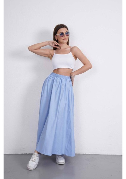 Tesettür Etek Uzun Çift Cepli Poplin Kumaş Beli Lastikli Iç Göstermez Etek Astarsız (90 Cm)