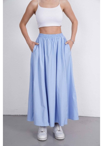 Tesettür Etek Uzun Çift Cepli Poplin Kumaş Beli Lastikli Iç Göstermez Etek Astarsız (90 Cm)