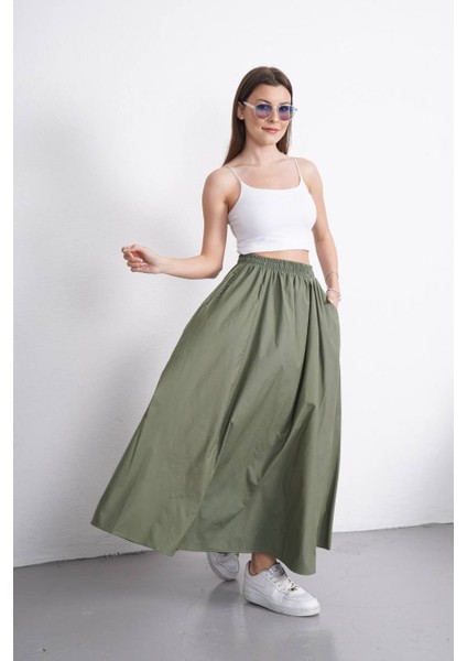 Tesettür Etek Uzun Çift Cepli Poplin Kumaş Beli Lastikli Iç Göstermez Etek Astarsız (90 Cm)