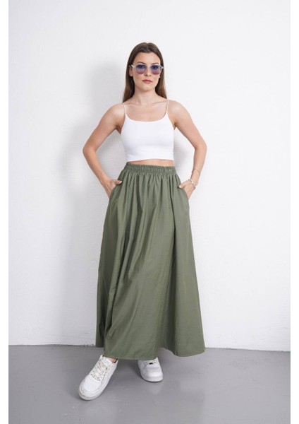 Tesettür Etek Uzun Çift Cepli Poplin Kumaş Beli Lastikli Iç Göstermez Etek Astarsız (90 Cm) indirimleri