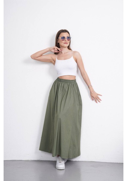 Tesettür Etek Uzun Çift Cepli Poplin Kumaş Beli Lastikli Iç Göstermez Etek Astarsız (90 Cm)