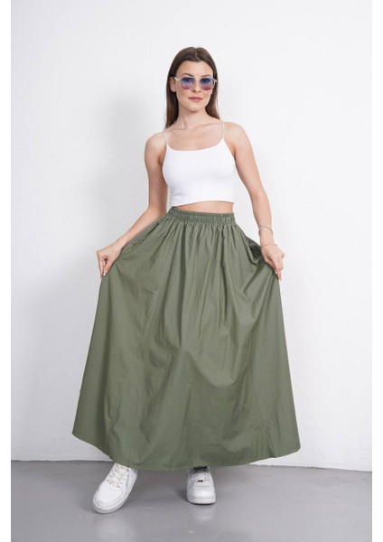Tesettür Etek Uzun Çift Cepli Poplin Kumaş Beli Lastikli Iç Göstermez Etek Astarsız (90 Cm)