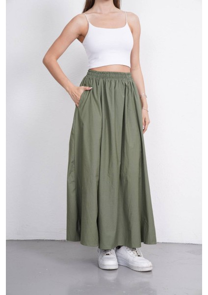 Tesettür Etek Uzun Çift Cepli Poplin Kumaş Beli Lastikli Iç Göstermez Etek Astarsız (90 Cm)