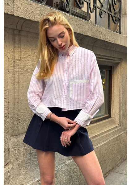 Kadın Özel Tasarım Çizgi Garni Crop Boy Uzun Kol Çift Manşetli Bluz Kısa Gömlek