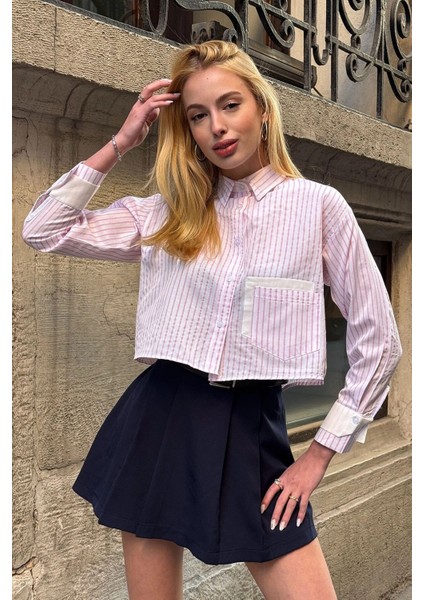 Kadın Özel Tasarım Çizgi Garni Crop Boy Uzun Kol Çift Manşetli Bluz Kısa Gömlek fiyatları