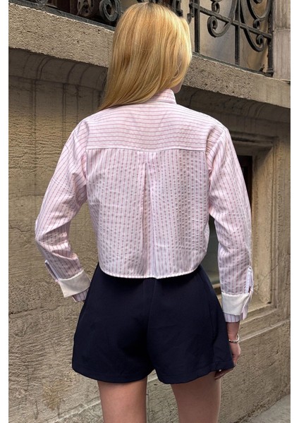 Kadın Özel Tasarım Çizgi Garni Crop Boy Uzun Kol Çift Manşetli Bluz Kısa Gömlek modelleri