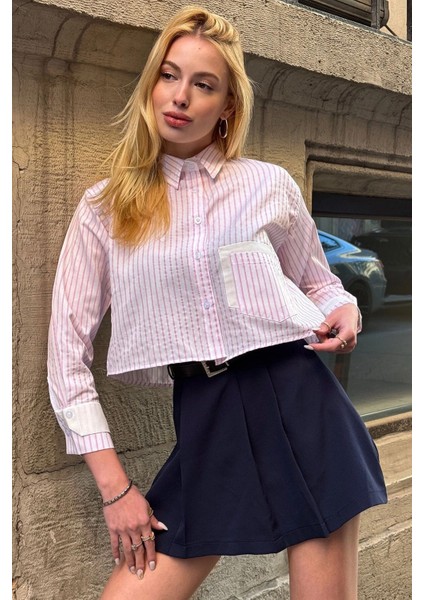 Kadın Özel Tasarım Çizgi Garni Crop Boy Uzun Kol Çift Manşetli Bluz Kısa Gömlek fırsatları