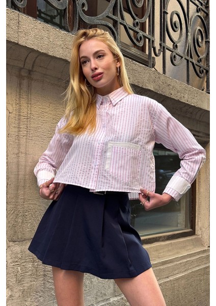 Kadın Özel Tasarım Çizgi Garni Crop Boy Uzun Kol Çift Manşetli Bluz Kısa Gömlek indirimleri