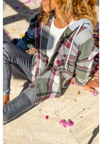 Kadın Desenli Renkli Oduncu Oversize Bol ve Geniş Kalıp Casual Çift Kapüşonlu Ceket Gömlek