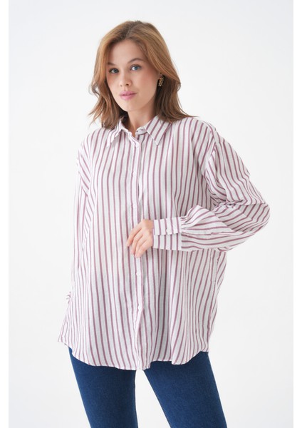Kadın Çizgili Uzun Kol Önden Düğmeli Rahat ve Geniş Kalıp Büyük Beden Curve Tesettüre Uygun Gömlek