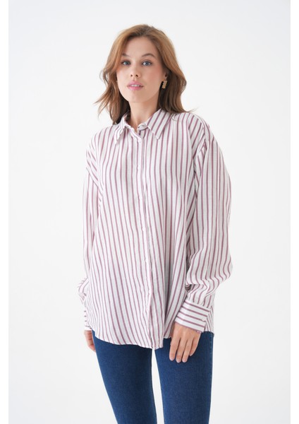 Kadın Çizgili Uzun Kol Önden Düğmeli Rahat ve Geniş Kalıp Büyük Beden Curve Tesettüre Uygun Gömlek fiyatları