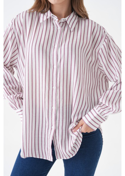 Kadın Çizgili Uzun Kol Önden Düğmeli Rahat ve Geniş Kalıp Büyük Beden Curve Tesettüre Uygun Gömlek indirimleri