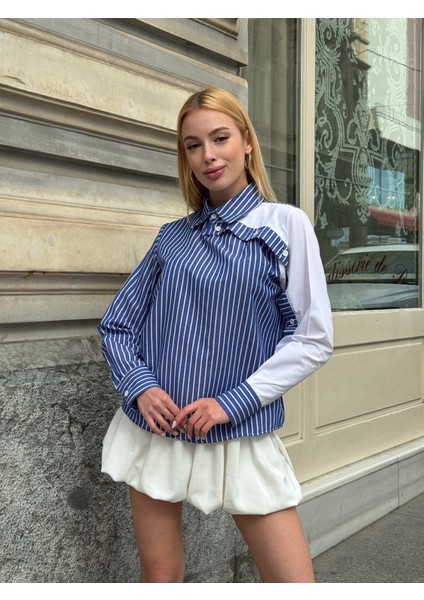 Kadın Özel Tasarım Yaka Kol Düğmeli Çizgili Garnili Bluz Boy Pamuk Curve Şık Gömlek