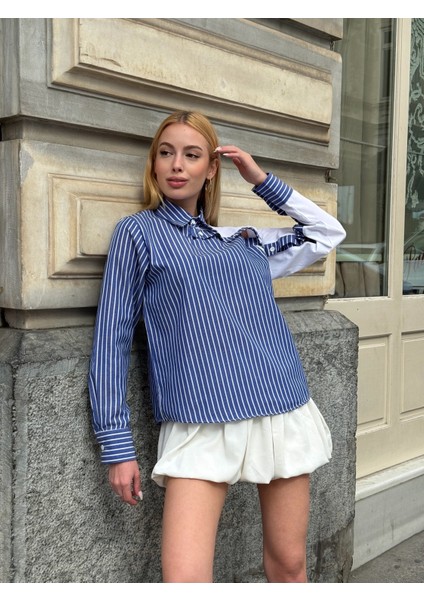 Kadın Özel Tasarım Yaka Kol Düğmeli Çizgili Garnili Bluz Boy Pamuk Curve Şık Gömlek modelleri