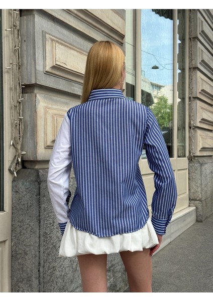 Kadın Özel Tasarım Yaka Kol Düğmeli Çizgili Garnili Bluz Boy Pamuk Curve Şık Gömlek fırsatları