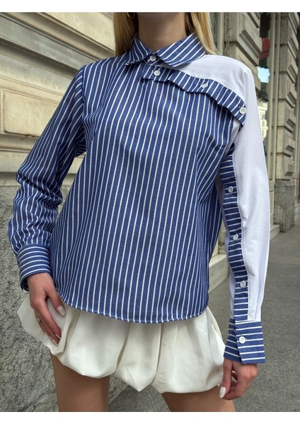 Kadın Özel Tasarım Yaka Kol Düğmeli Çizgili Garnili Bluz Boy Pamuk Curve Şık Gömlek indirimleri