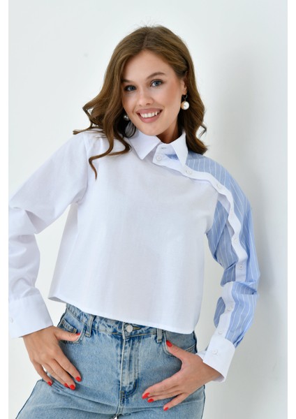 Kadın Özel Tasarım Yaka Kol Düğmeli Çizgi Garnili Crop Boy Bluz Gömlek
