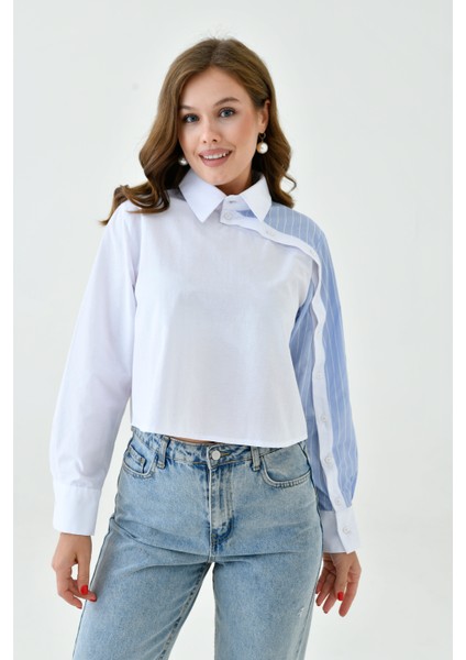Kadın Özel Tasarım Yaka Kol Düğmeli Çizgi Garnili Crop Boy Bluz Gömlek fiyatları