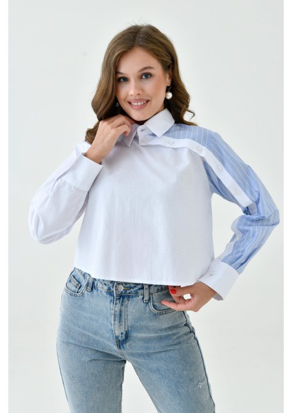 Kadın Özel Tasarım Yaka Kol Düğmeli Çizgi Garnili Crop Boy Bluz Gömlek modelleri