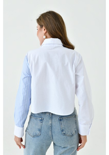 Kadın Özel Tasarım Yaka Kol Düğmeli Çizgi Garnili Crop Boy Bluz Gömlek fırsatları