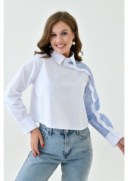 Kadın Özel Tasarım Yaka Kol Düğmeli Çizgi Garnili Crop Boy Bluz Gömlek indirimleri