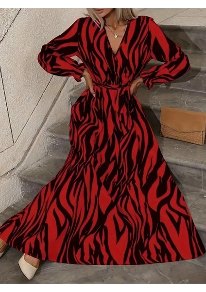 Kadın Uzun Kollu Kruvaze Yakalı Kuşaklı Zebra Desenli Süprem Maxi Elbise fırsatları