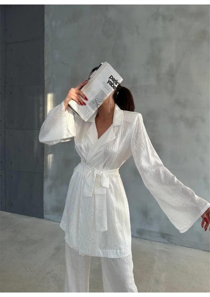 Viskon Jakarlı Bağlamalı Gömlek - Pantolon Takım - Beyaz fiyatları