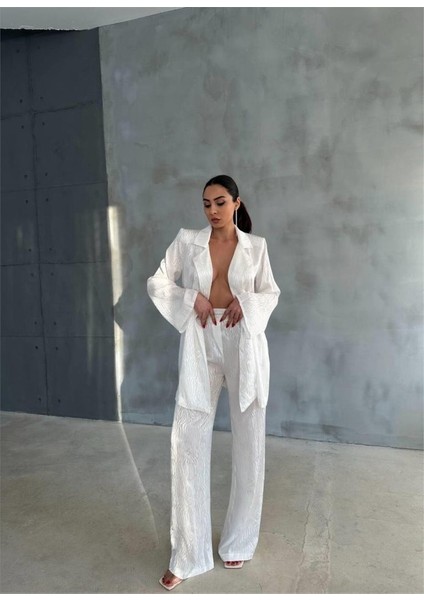 Viskon Jakarlı Bağlamalı Gömlek - Pantolon Takım - Beyaz fırsatları
