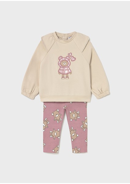 Krem Renk Ayıcıklı Sweat ve Pembe Ayıcık Baskılı Tayt