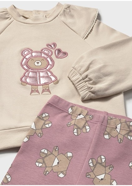Krem Renk Ayıcıklı Sweat ve Pembe Ayıcık Baskılı Tayt modelleri