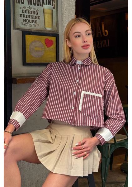 Kadın Özel Tasarım Çizgi Garni Crop Boy Uzun Kol Çift Manşetli Bluz Kısa Gömlek