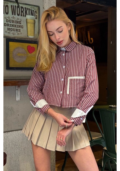 Kadın Özel Tasarım Çizgi Garni Crop Boy Uzun Kol Çift Manşetli Bluz Kısa Gömlek fiyatları