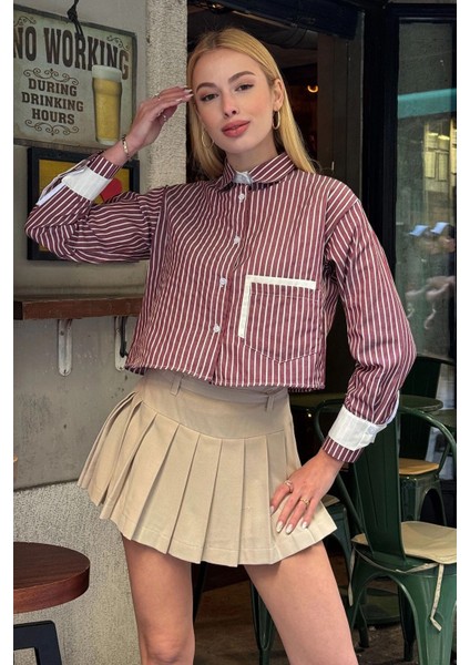 Kadın Özel Tasarım Çizgi Garni Crop Boy Uzun Kol Çift Manşetli Bluz Kısa Gömlek modelleri