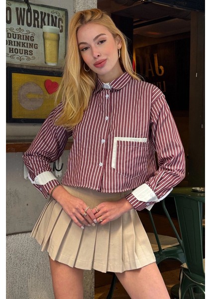 Kadın Özel Tasarım Çizgi Garni Crop Boy Uzun Kol Çift Manşetli Bluz Kısa Gömlek fırsatları