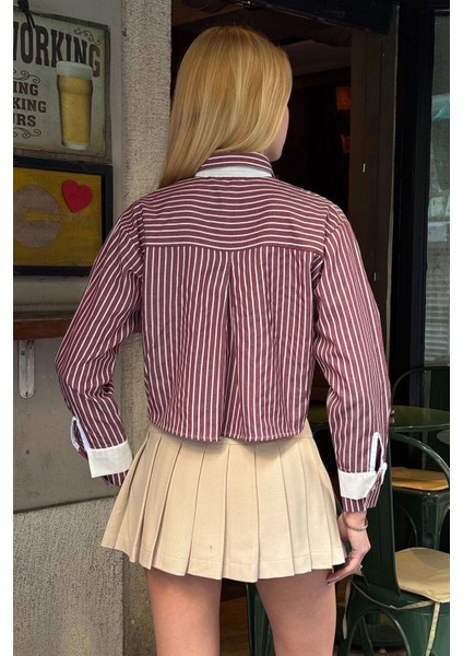 Kadın Özel Tasarım Çizgi Garni Crop Boy Uzun Kol Çift Manşetli Bluz Kısa Gömlek indirimleri